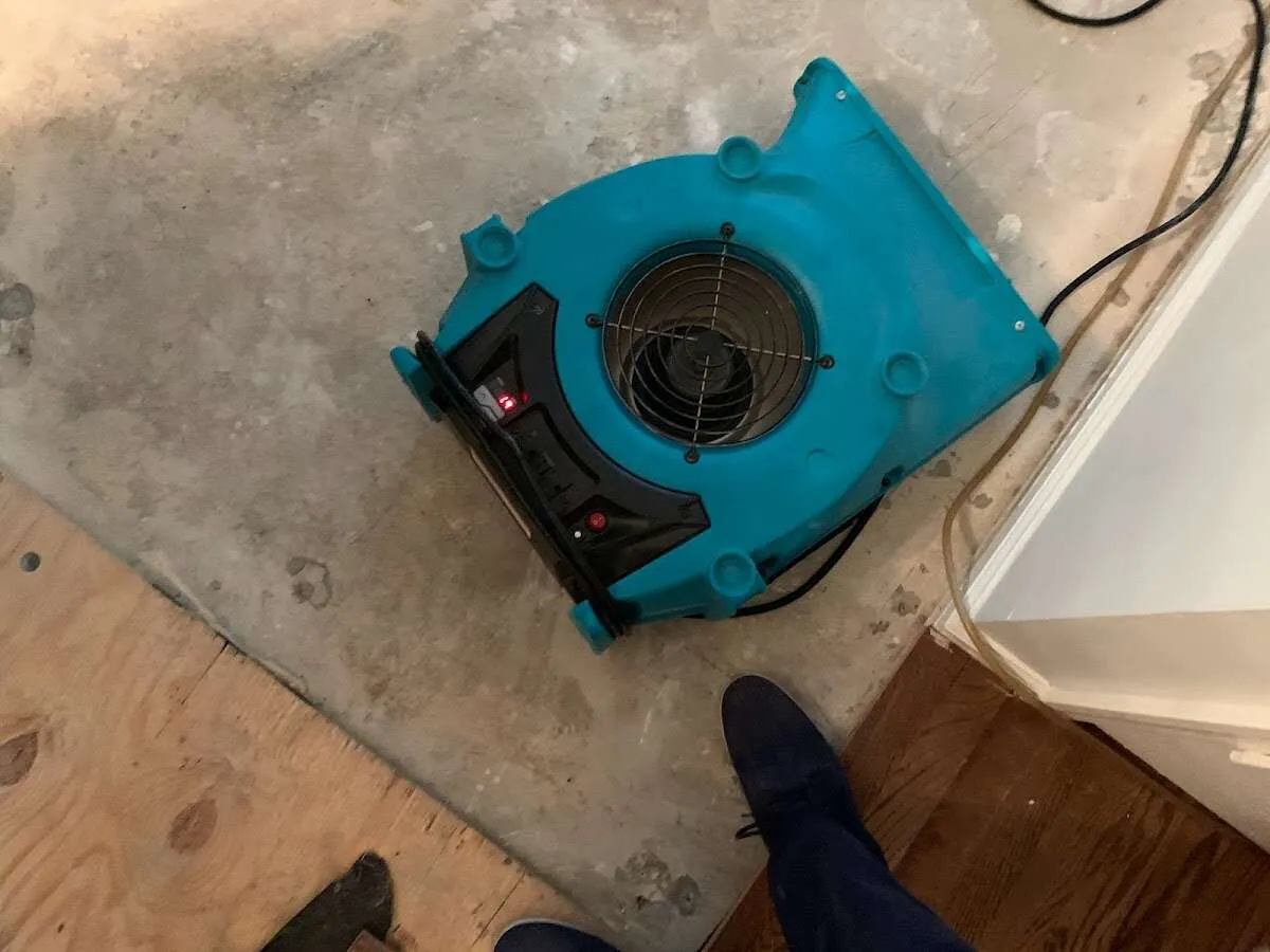 Air mover drying subfloor during Leak Detection & Repair in Sullivan